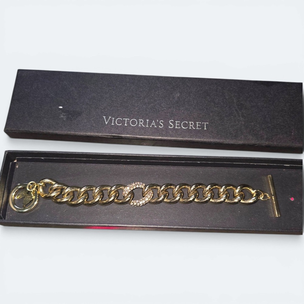 Victoria's Secret Gold Tone Rhinestone Curb Chain Toggle Bracelet Angel Wing
